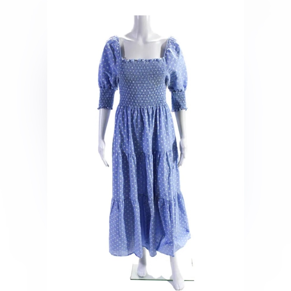 If She Loves Womens Polka Dot Short Puff Sleeve Sun Dress  Blue Size M